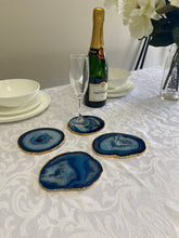 Load image into Gallery viewer, Set of 4 blue polished Agate Slice drink coasters with Gold Electroplating around the edges 08