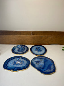 Set of 4 blue polished Agate Slice drink coasters with Gold Electroplating around the edges 08