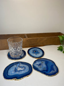 Set of 4 blue polished Agate Slice drink coasters with Gold Electroplating around the edges 08