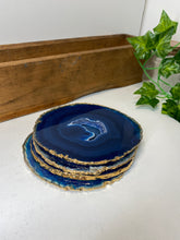 Load image into Gallery viewer, Set of 4 blue polished Agate Slice drink coasters with Gold Electroplating around the edges 10