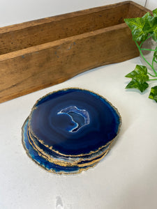 Set of 4 blue polished Agate Slice drink coasters with Gold Electroplating around the edges 10
