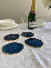Load image into Gallery viewer, Set of 4 blue polished Agate Slice drink coasters with Gold Electroplating around the edges 10