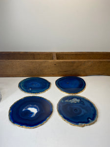 Set of 4 blue polished Agate Slice drink coasters with Gold Electroplating around the edges 10