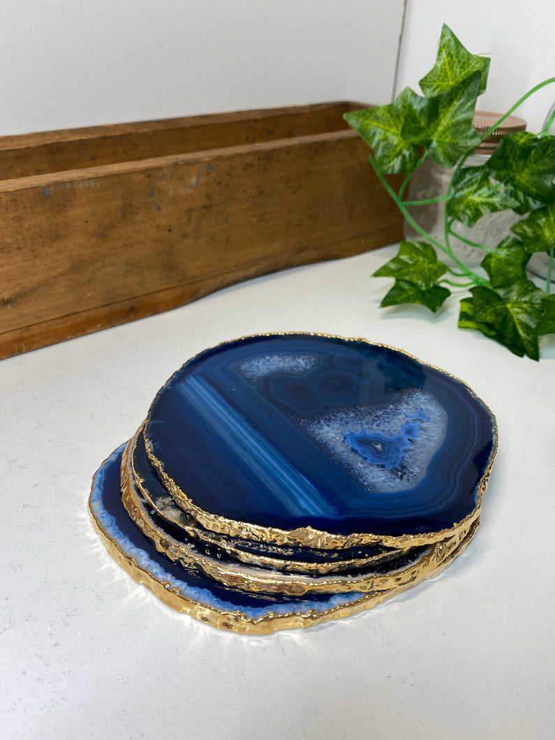 Set of 4 blue polished Agate Slice drink coasters with Gold Electroplating around the edges 11