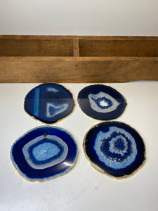 Set of 4 blue polished Agate Slice drink coasters with Gold Electroplating around the edges 11