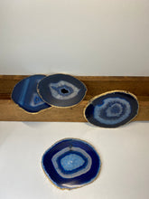 Load image into Gallery viewer, Set of 4 blue polished Agate Slice drink coasters with Gold Electroplating around the edges 11