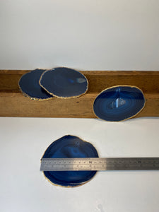 Set of 4 blue polished Agate Slice drink coasters with Gold Electroplating around the edges 12