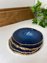 Load image into Gallery viewer, Set of 4 blue polished Agate Slice drink coasters with Gold Electroplating around the edges 12