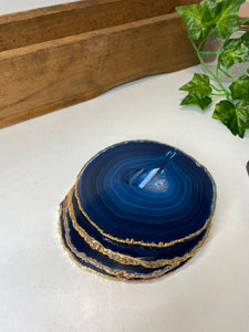 Set of 4 blue polished Agate Slice drink coasters with Gold Electroplating around the edges 12