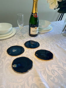 Set of 4 blue polished Agate Slice drink coasters with Gold Electroplating around the edges 12