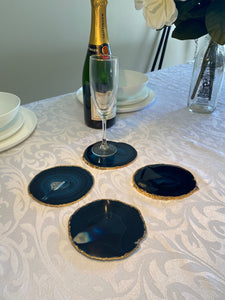 Set of 4 blue polished Agate Slice drink coasters with Gold Electroplating around the edges 12