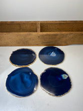 Load image into Gallery viewer, Set of 4 blue polished Agate Slice drink coasters with Gold Electroplating around the edges 12