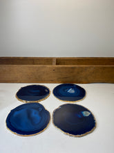 Load image into Gallery viewer, Set of 4 blue polished Agate Slice drink coasters with Gold Electroplating around the edges 12