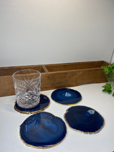 Set of 4 blue polished Agate Slice drink coasters with Gold Electroplating around the edges 12