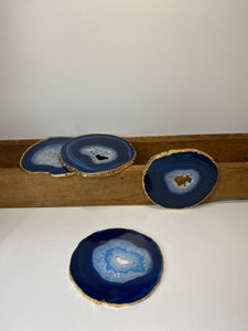 Set of 4 blue polished Agate Slice drink coasters with Gold Electroplating around the edges 13