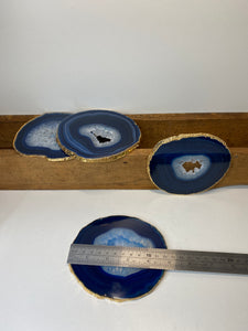 Set of 4 blue polished Agate Slice drink coasters with Gold Electroplating around the edges 13