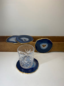 Set of 4 blue polished Agate Slice drink coasters with Gold Electroplating around the edges 13