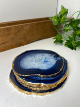 Load image into Gallery viewer, Set of 4 blue polished Agate Slice drink coasters with Gold Electroplating around the edges 13