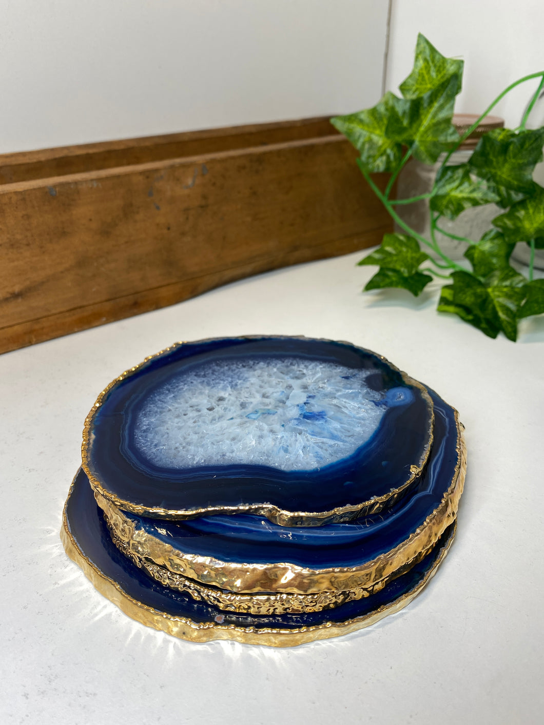 Set of 4 blue polished Agate Slice drink coasters with Gold Electroplating around the edges 13