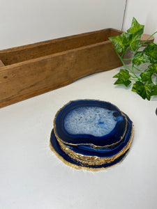 Set of 4 blue polished Agate Slice drink coasters with Gold Electroplating around the edges 13