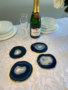 Set of 4 blue polished Agate Slice drink coasters with Gold Electroplating around the edges 13