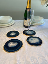 Load image into Gallery viewer, Set of 4 blue polished Agate Slice drink coasters with Gold Electroplating around the edges 13