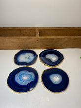 Load image into Gallery viewer, Set of 4 blue polished Agate Slice drink coasters with Gold Electroplating around the edges 13