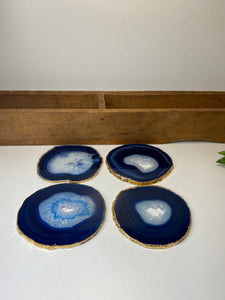 Set of 4 blue polished Agate Slice drink coasters with Gold Electroplating around the edges 13