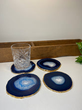 Load image into Gallery viewer, Set of 4 blue polished Agate Slice drink coasters with Gold Electroplating around the edges 13