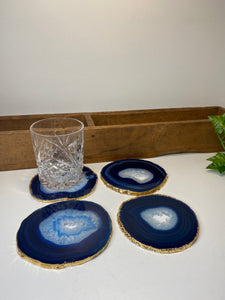 Set of 4 blue polished Agate Slice drink coasters with Gold Electroplating around the edges 13