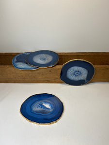 Set of 4 blue polished Agate Slice drink coasters with Gold Electroplating around the edges 15