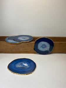 Set of 4 blue polished Agate Slice drink coasters with Gold Electroplating around the edges 15