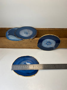 Set of 4 blue polished Agate Slice drink coasters with Gold Electroplating around the edges 15