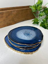 Load image into Gallery viewer, Set of 4 blue polished Agate Slice drink coasters with Gold Electroplating around the edges 15