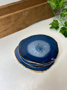 Set of 4 blue polished Agate Slice drink coasters with Gold Electroplating around the edges 15