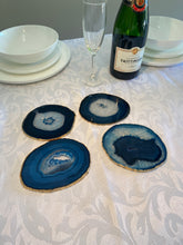 Load image into Gallery viewer, Set of 4 blue polished Agate Slice drink coasters with Gold Electroplating around the edges 15