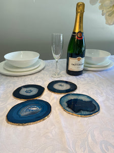 Set of 4 blue polished Agate Slice drink coasters with Gold Electroplating around the edges 15