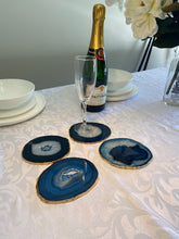 Load image into Gallery viewer, Set of 4 blue polished Agate Slice drink coasters with Gold Electroplating around the edges 15