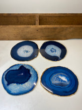 Load image into Gallery viewer, Set of 4 blue polished Agate Slice drink coasters with Gold Electroplating around the edges 15