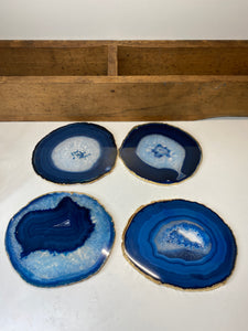 Set of 4 blue polished Agate Slice drink coasters with Gold Electroplating around the edges 15