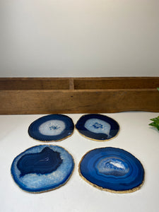 Set of 4 blue polished Agate Slice drink coasters with Gold Electroplating around the edges 15