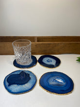 Load image into Gallery viewer, Set of 4 blue polished Agate Slice drink coasters with Gold Electroplating around the edges 15