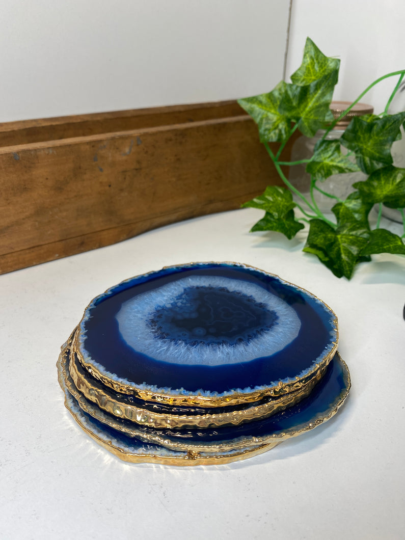 Set of 4 blue polished Agate Slice drink coasters with Gold Electroplating around the edges 17