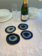 Load image into Gallery viewer, Set of 4 blue polished Agate Slice drink coasters with Gold Electroplating around the edges 17