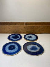 Load image into Gallery viewer, Set of 4 blue polished Agate Slice drink coasters with Gold Electroplating around the edges 17