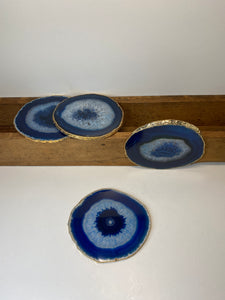Set of 4 blue polished Agate Slice drink coasters with Gold Electroplating around the edges 17