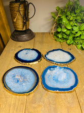 Load image into Gallery viewer, Set of 4 blue polished Agate Slice drink coasters with Gold Electroplating around the edges
