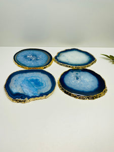 Set of 4 blue polished Agate Slice drink coasters with Gold Electroplating around the edges
