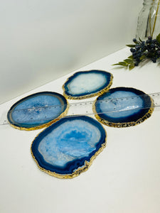 Set of 4 blue polished Agate Slice drink coasters with Gold Electroplating around the edges