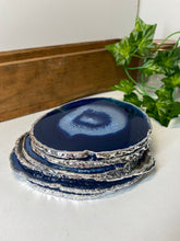 Load image into Gallery viewer, Set of 6 Blue polished Agate Slice drink coasters with Silver Electroplating around the edges 09